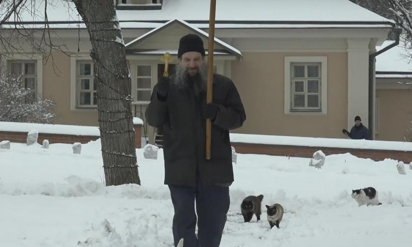 Des chats suivent un prêtre dans la neige en Russie